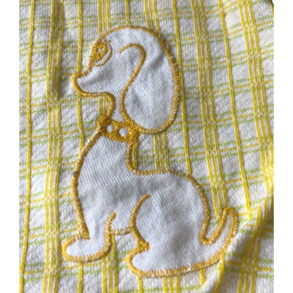 Vintage HEALTH-TEX ROMPER Yellow Plaid Embroidered Applique Dog Shorts 12 Months